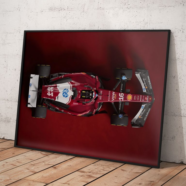 Scuderia Ferrari 2025 Formula 1 poster s Talianskym dizajnom, kvalitný pololesklý papier, dostupné rámovanie.