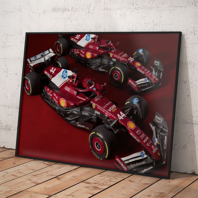 Scuderia Ferrari 2025 Formula 1 poster s Talianskym dizajnom, kvalitný pololesklý papier, dostupné rámovanie.