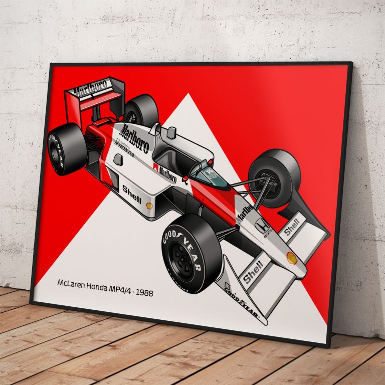 Poster McLaren MP4/4, ikonický model z roku 1988, kvalitná tlač na pololesklom papieri.