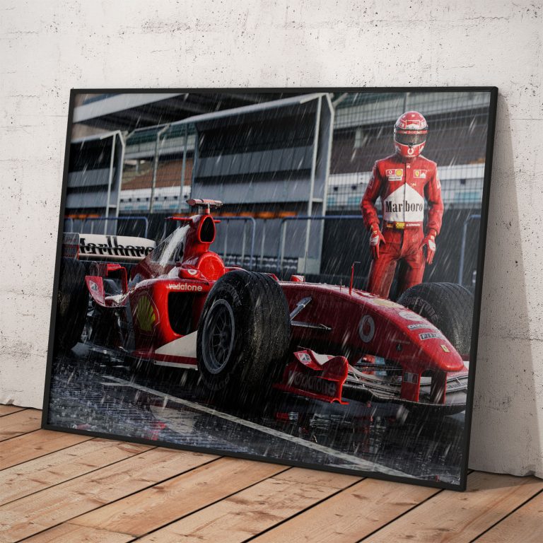 Plagát Michaela Schumachera jazdiaceho v monoposte Ferrari