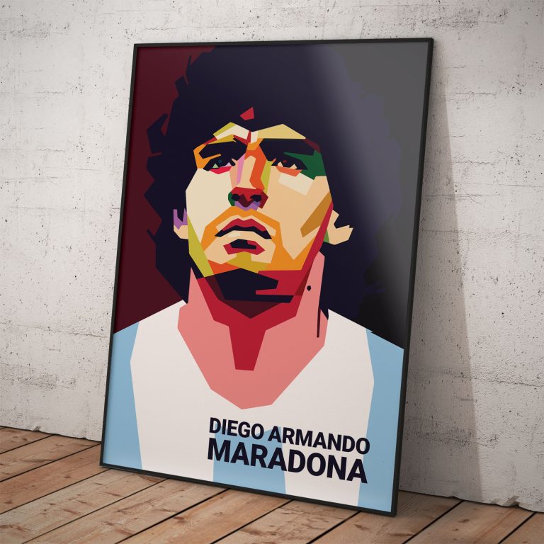 Umelecký plagát Diega Maradonu s voliteľným rámovaním a žiarivými farbami.