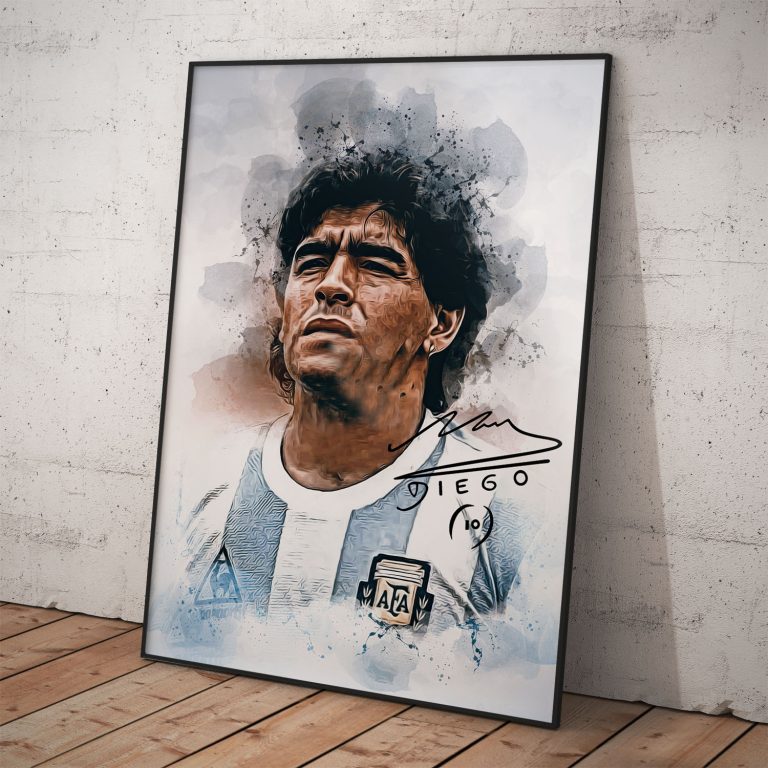 Umelecký plagát Diega Maradonu s voliteľným rámovaním a žiarivými farbami.