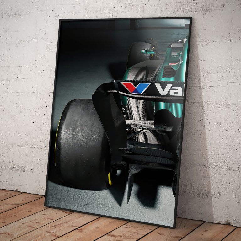 Aston Martin Formula 1 poster with vibrant colors and optional aluminum frame, made in Slovakia.