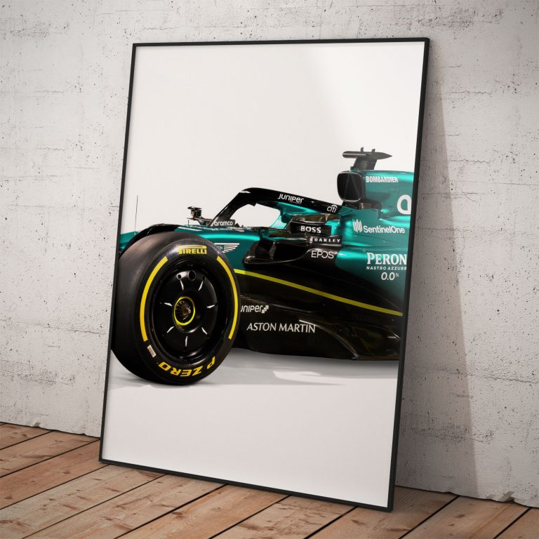 Aston Martin Formula 1 tím plagát sezóna 2025, biele pozadie