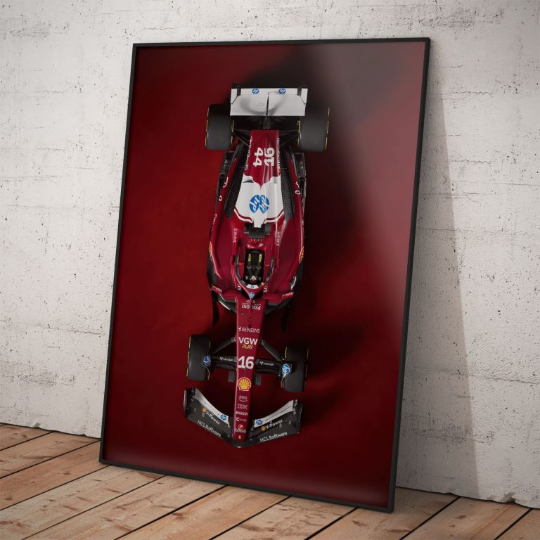 Scuderia Ferrari 2025 Formula 1 poster s Talianskym dizajnom, kvalitný pololesklý papier, dostupné rámovanie.