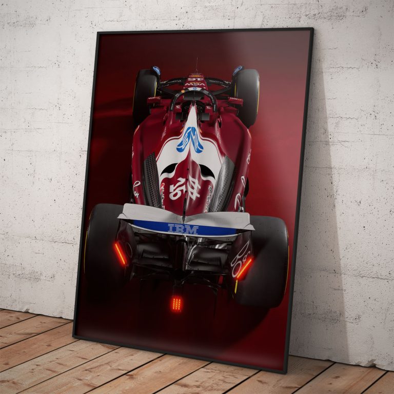 Plagát Scuderia Ferrari 2025 s pohľadom zhora, tlačený na kvalitnom pololesklom papieri.