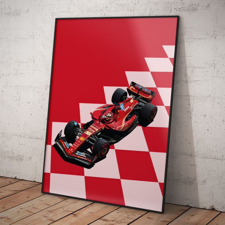 Plagát tímu Scuderia Ferrari s červenou šachovnicou pozadím