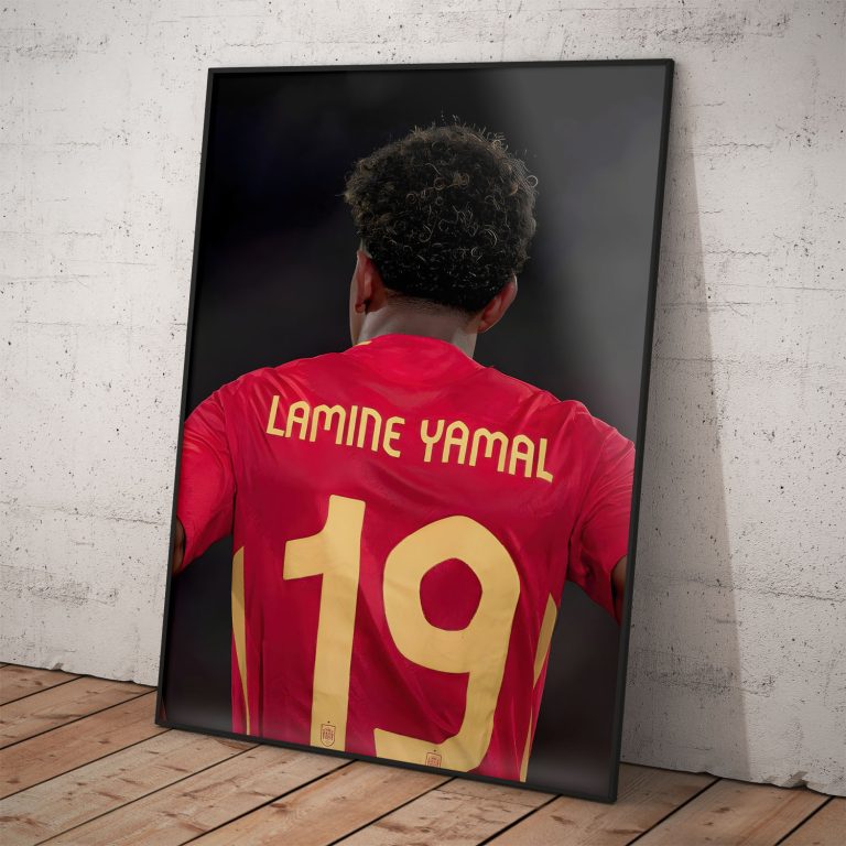 Plagát Lamine Yamal v drese s číslom 19, futbalista na kvalitnom pololesklom papieri so žiarivými farbami