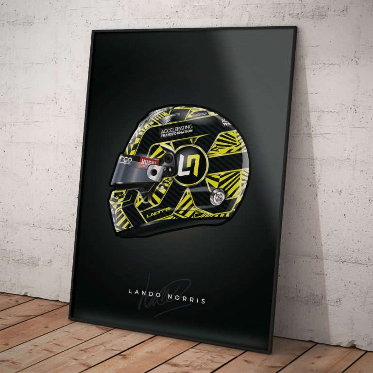 Lando Norris s ikonickou prilbou na žiarivom plagáte, vyrobené na Slovensku.
