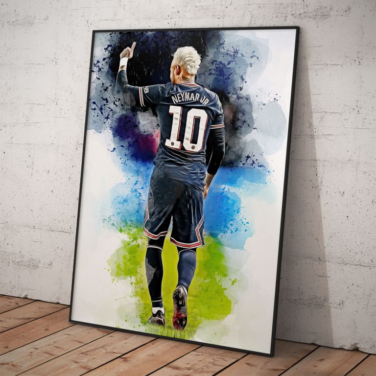 Neymar Jr. v PSG drese na plagáte, dizajnované a vyrobené s láskou k športu.