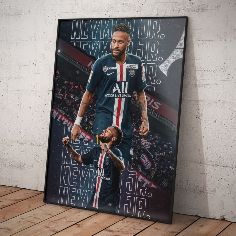 Plagát Neymara Jr v tmavom drese PSG, žiarivé farby, pololesklý papier
