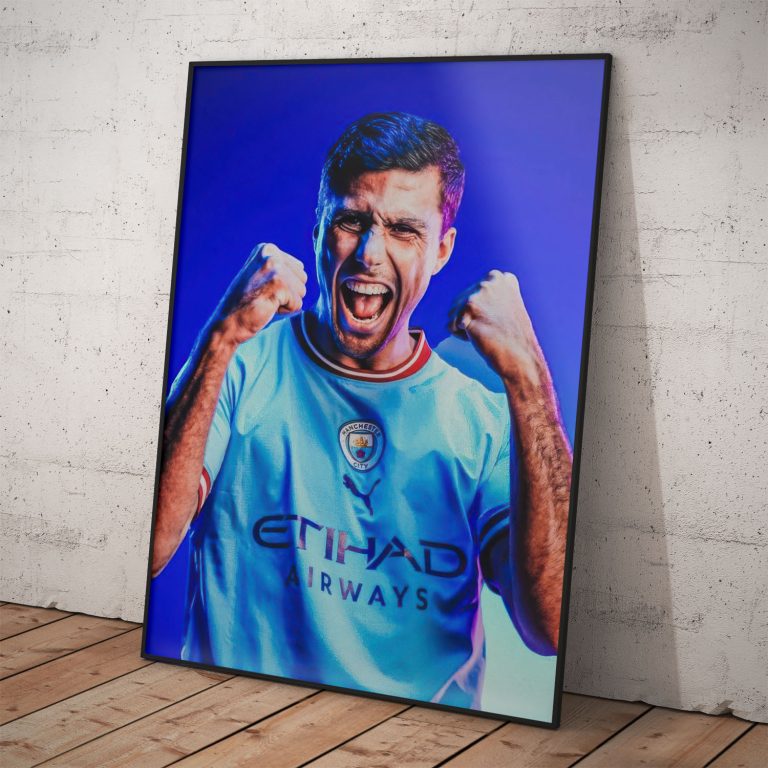 Rodri – plagát zachytávajúci emócie po víťazstve, ideálny pre fanúšikov