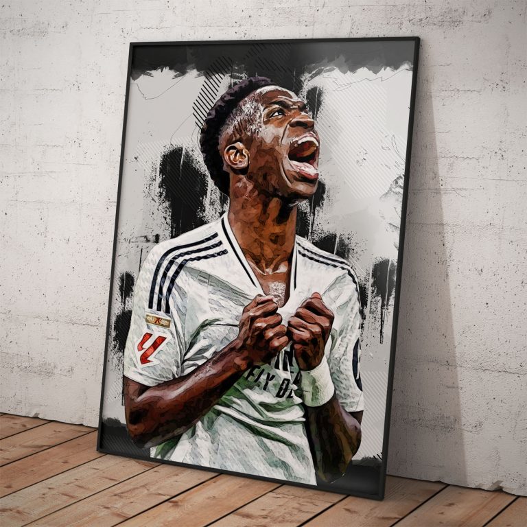 Plagát Vinicius Jr. v bielom drese na kvalitnom pololesklom papieri s rámovaním.