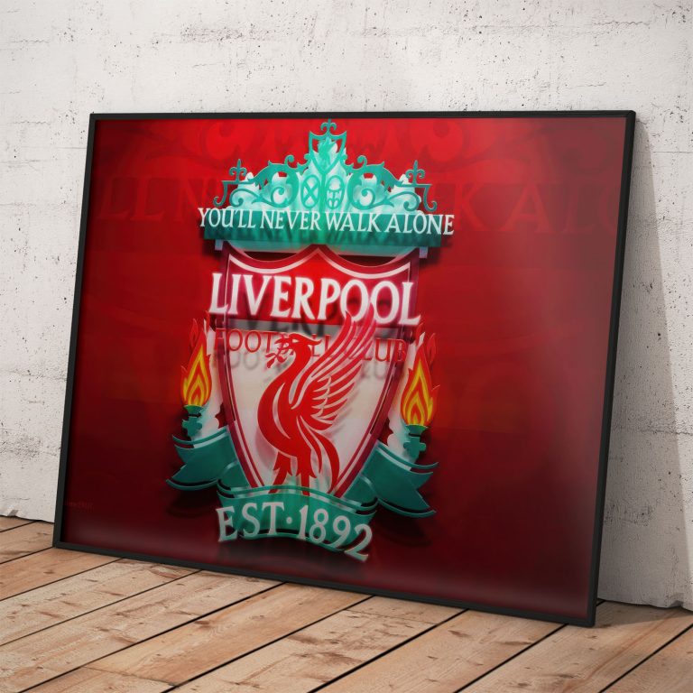 Liverpool FC plagát s umeleckým logom na červenom pozadí, kvalitný pololesklý papier.