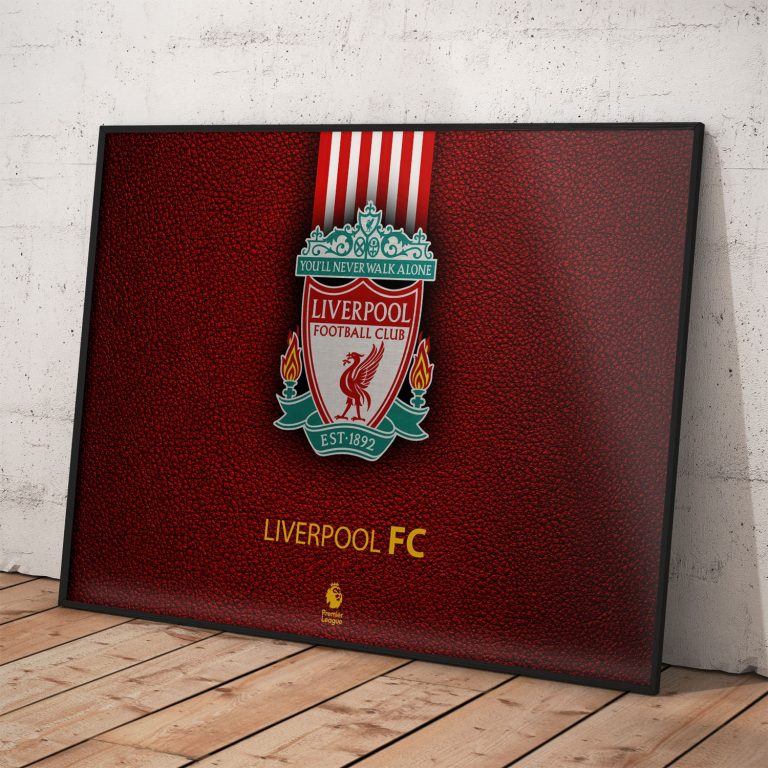 Liverpool FC plagát s logom na tmavo červenom pozadí, kvalitný papier