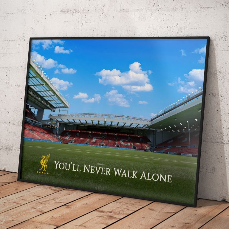Liverpool FC plagát, kvalitný pololesklý papier, dostupné veľkosti od A3 po A0, voliteľné rámovanie.