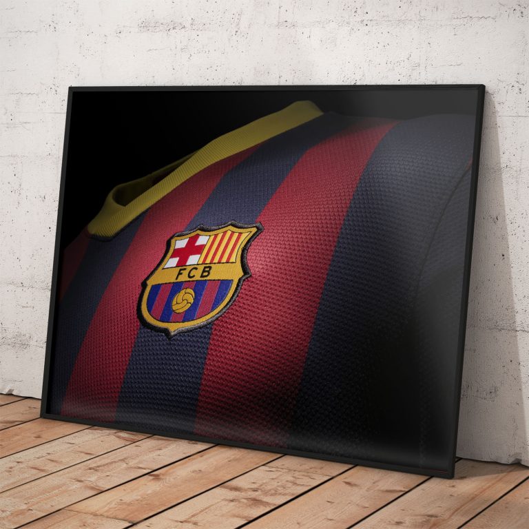 Plagát futbalového klubu FC Barcelona s dresom a logom FCB