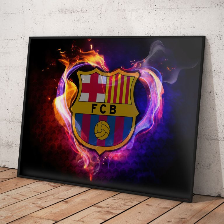 FC Barcelona plagát s ohnivým logom a žiarivými farbami na kvalitnom papieri