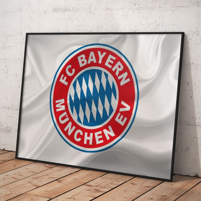 Plagát FC Bayern s bielou vlajkou, kvalitný pololesklý papier