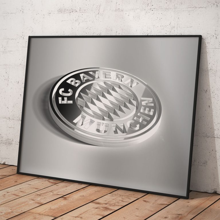 Plagát FC Bayern s metalickým logom, kvalitný pololesklý papier