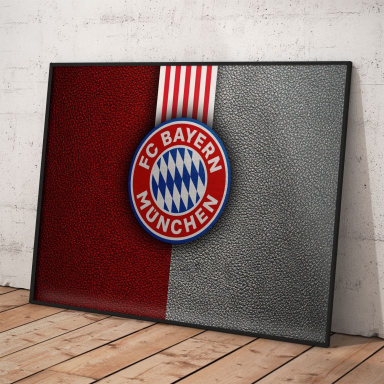 Plagát FC Bayern s logom na červenom pozadí, kvalitný papier a tlač