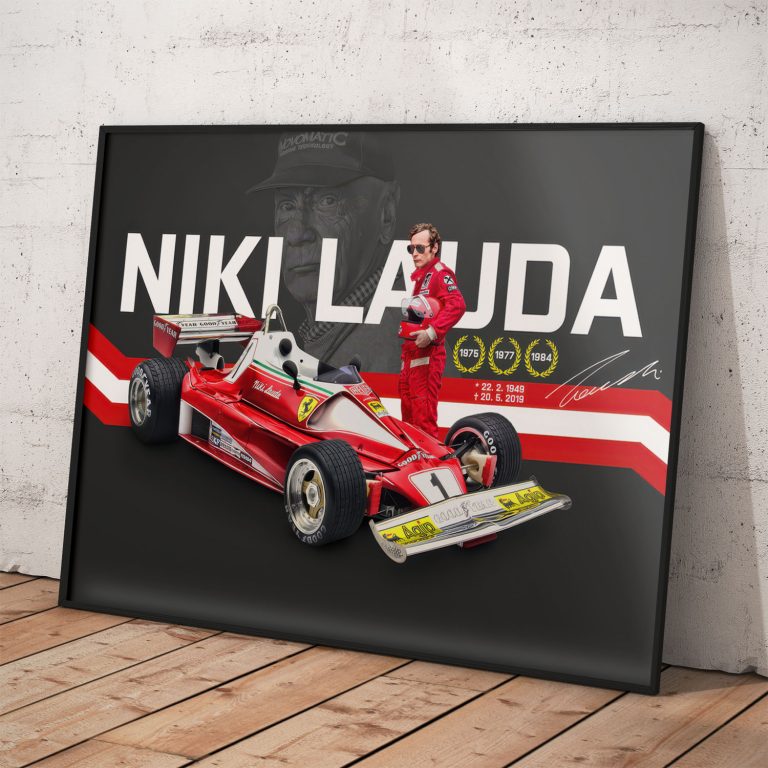 Poster Niki Lauda, kvalitný pololesklý papier s perleťovým efektom, tituly majstra F1