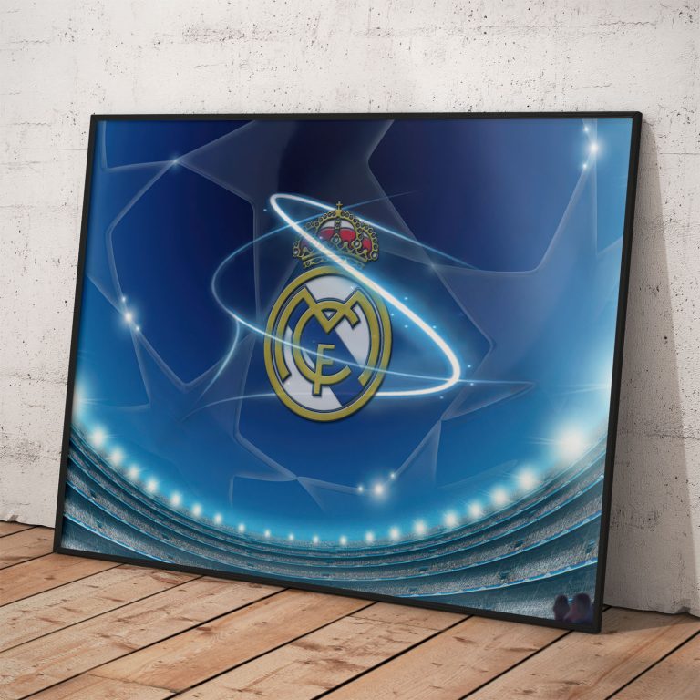 Plagát Real Madrid CF s logom nad štadiónom, kvalitný pololesklý papier