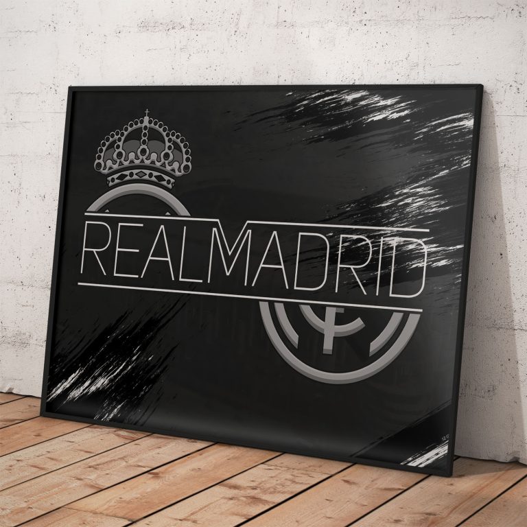 Real Madrid CF futbalový plagát s tmavým pozadím, kvalitný papier a žiarivé farby