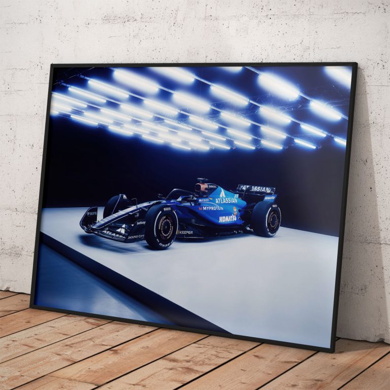 Plagát Williams Racing FW46 na sezónu 2025, kvalitný pololesklý papier, voliteľné hliníkové rámovanie.