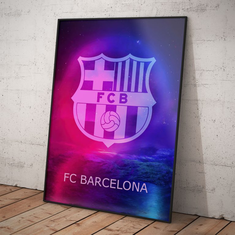 FC Barcelona plagát s modrým metalickým pozadím, kvalitný pololesklý papier