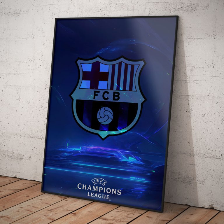 Plagát FC Barcelona s modrým pozadím na kvalitnom pololesklom papieri