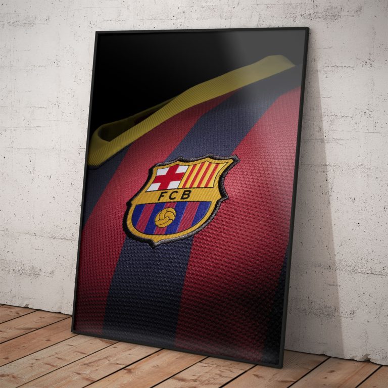 Plagát FC Barcelona s logom na drese, kvalitný pololesklý papier.