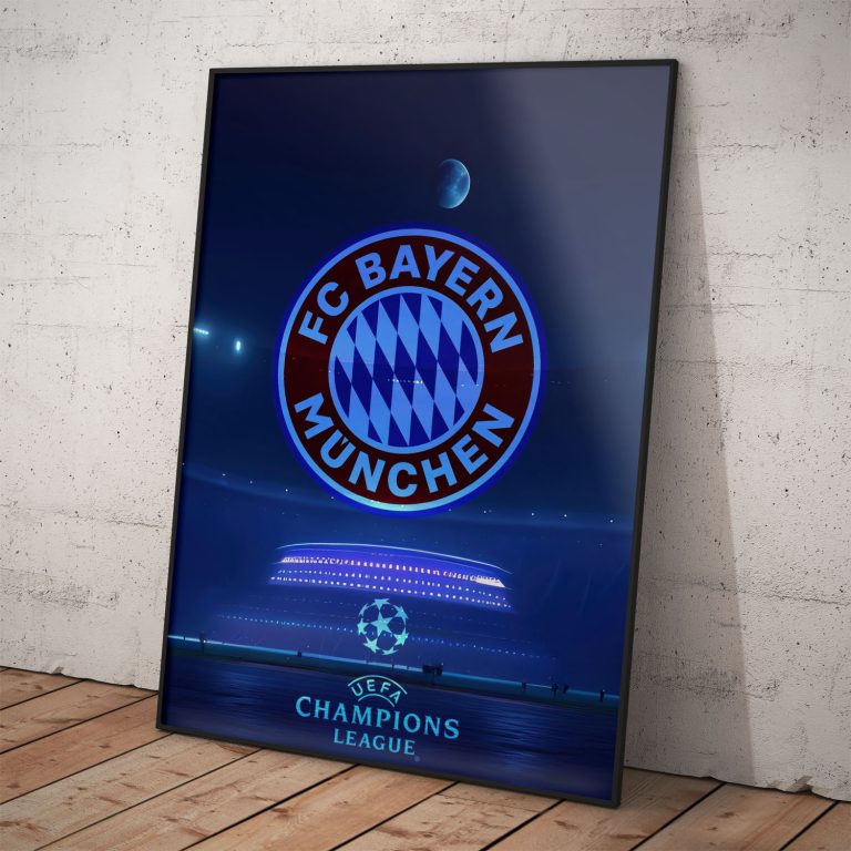 Plagát FC Bayern s logom na modrom pozadí, kvalitný papier.