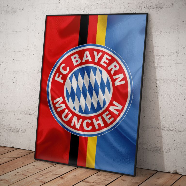 Plagát FC Bayern s modro červenou vlajkou, kvalitný pololesklý papier