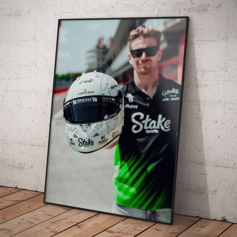 Nico Hülkenberg na plagáte, Formula 1 jazdec, biela prilba