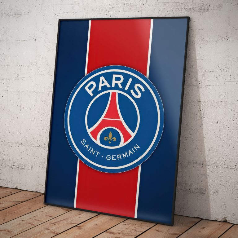 Plagát futbalového klubu PSG s francúzskou vlajkou, kvalitná tlač.