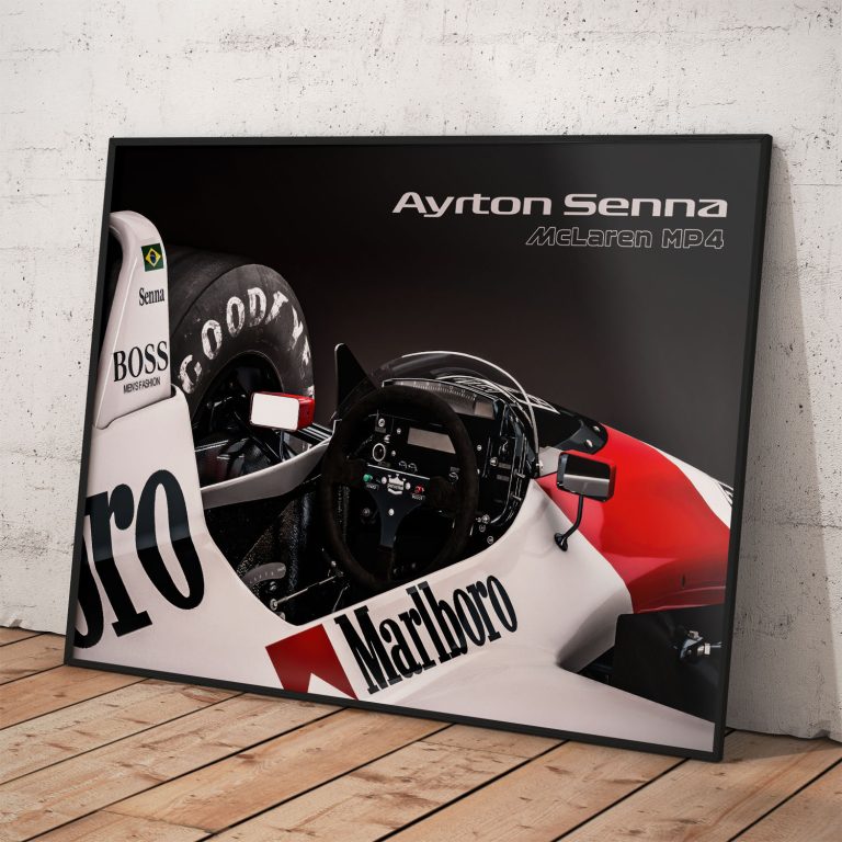 Ayrton Senna jazdí na legendárnom McLarene MP4 na plagáte