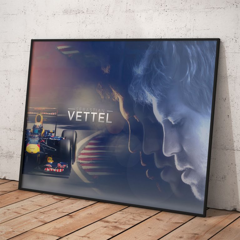 Plagát Sebastiana Vettela s monopostom Red Bull, kvalitný pololesklý papier s perleťovým efektom.