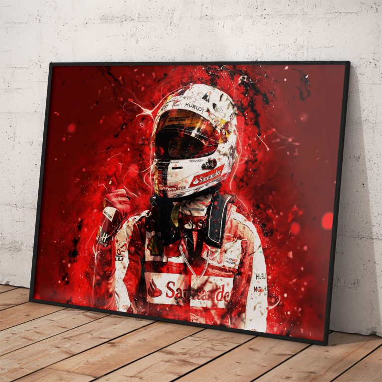 Plagát Sebastiana Vettela v kombinéze Ferrari s kvalitným tlačou.