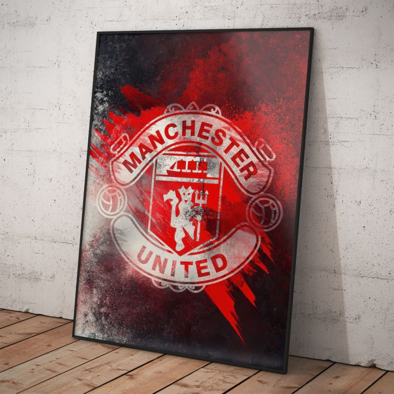 Plagát s umeleckým logom Manchester United FC na kvalitnom pololesklom papieri.