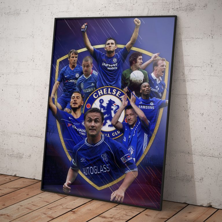 Chelsea FC plagát zobrazujúci hráčov v akcii, kvalitný pololesklý papier