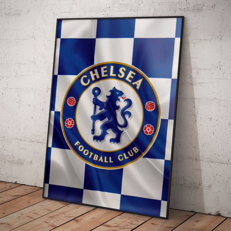 Plagát Chelsea FC s klubovou vlajkou na pololesklom papieri