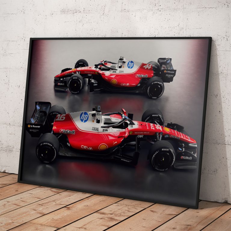 Plagát monopostov Scuderia Ferrari 2026 na kvalitnom pololesklom papieri.