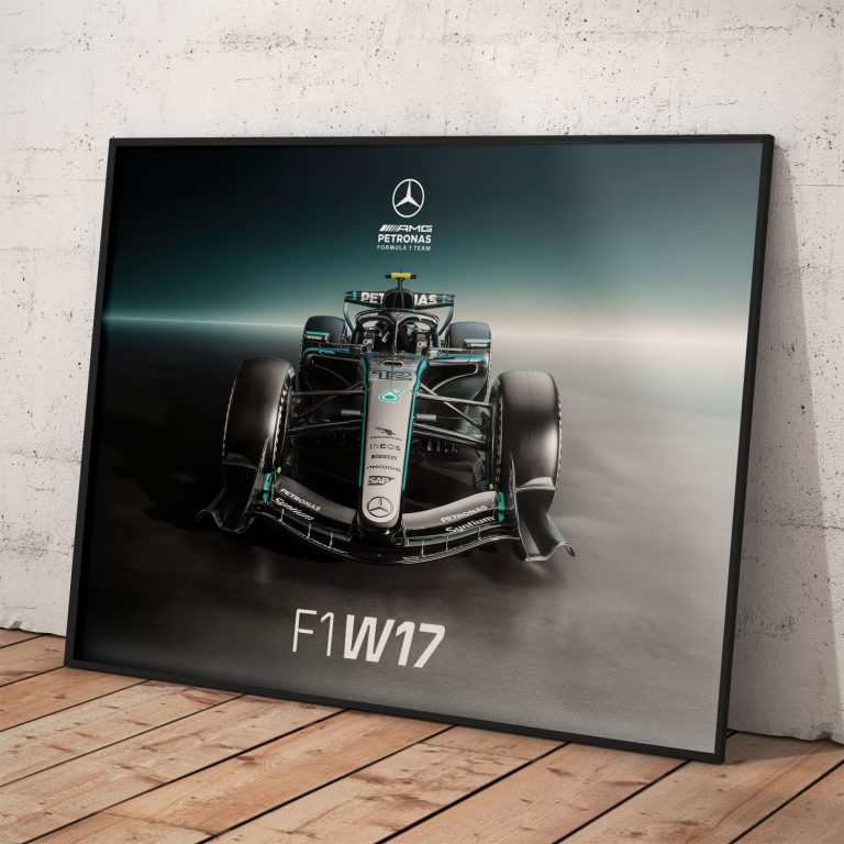 Plagát monopostu Mercedes 2026 s kvalitnou tlačou a rámovaním