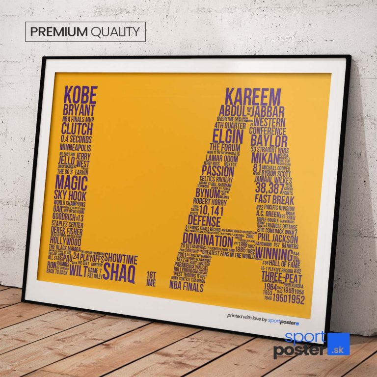 Plagát Los Angeles Lakers s kvalitnou stálofarebnou tlačou a voliteľným rámovaním.