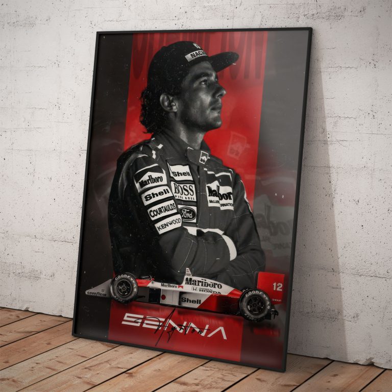 Čierno biely portrét Ayrtona Sennu na kvalitnom pololesklom papieri