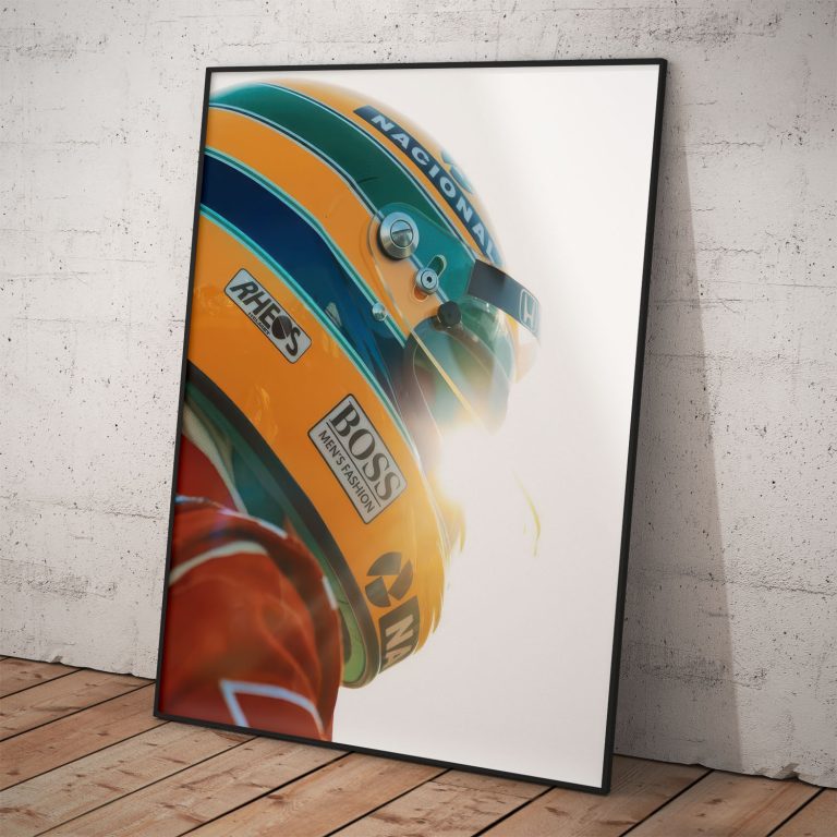 Plagát Ayrton Senna s detailom prilby na kvalitnom pololesklom papieri.