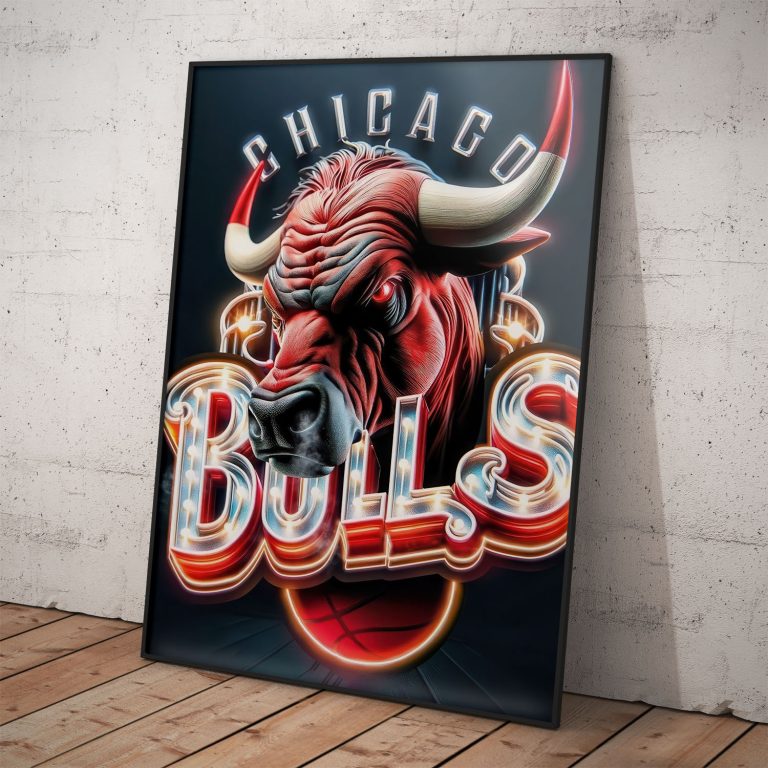 Plagát tímu Chicago Bulls s maskotom na kvalitnom pololesklom papieri.