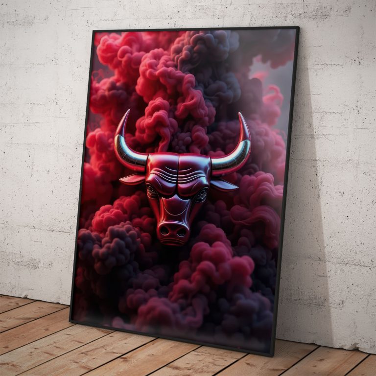 Plagát Chicago Bulls s kvalitným perleťovým papierom a logom v hmle.