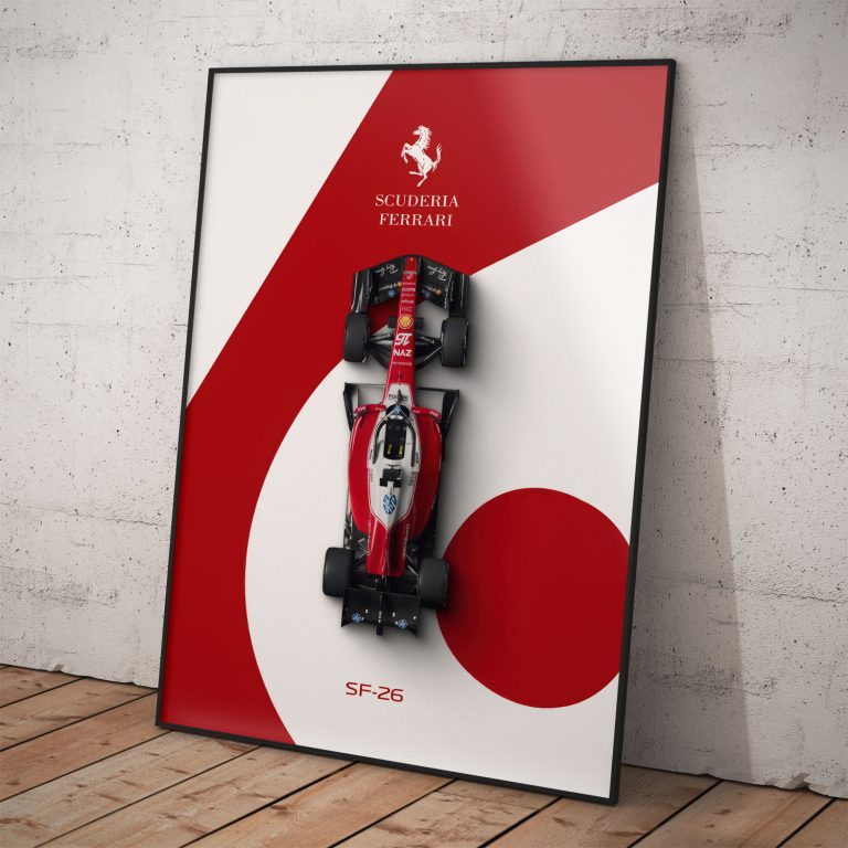 Minimalistický poster Scuderia Ferrari s kvalitným pololesklým papierom a žiarivými farbami.